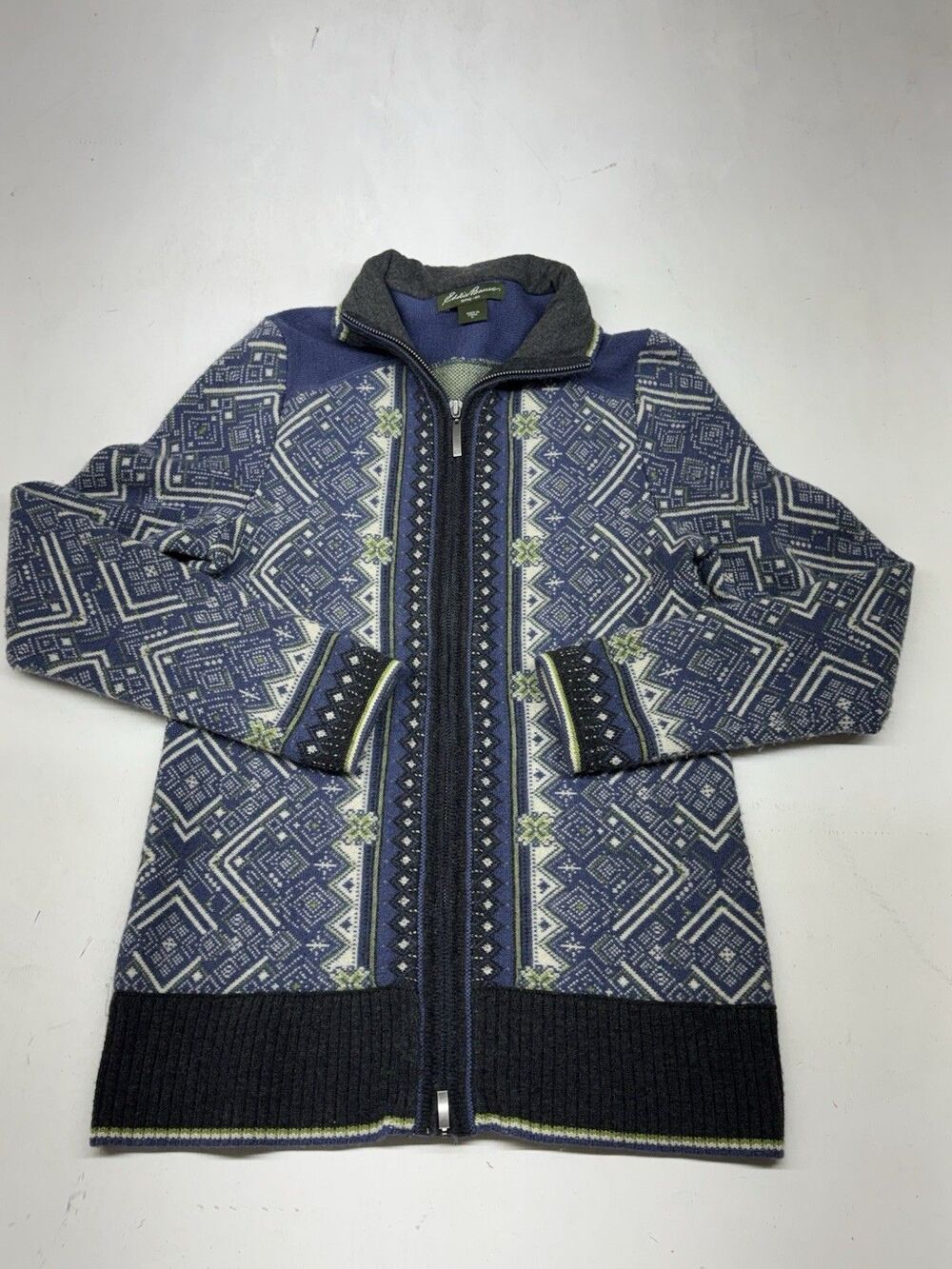 Eddie Bauer Merino Wool Full Zip Sweater Nordic Geometric Fair Isle READ DESC